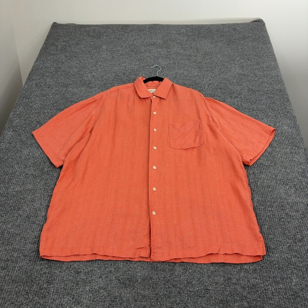 Caribbean Button Up Mens XL Orange Linen‎ Textured Short Sleeve Casual Summer
